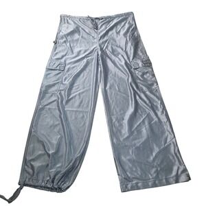 Vtg Y2K Caffeine Metallic Silver Rave Cargo Pants Goth Whimsy Cyber Parachute L
